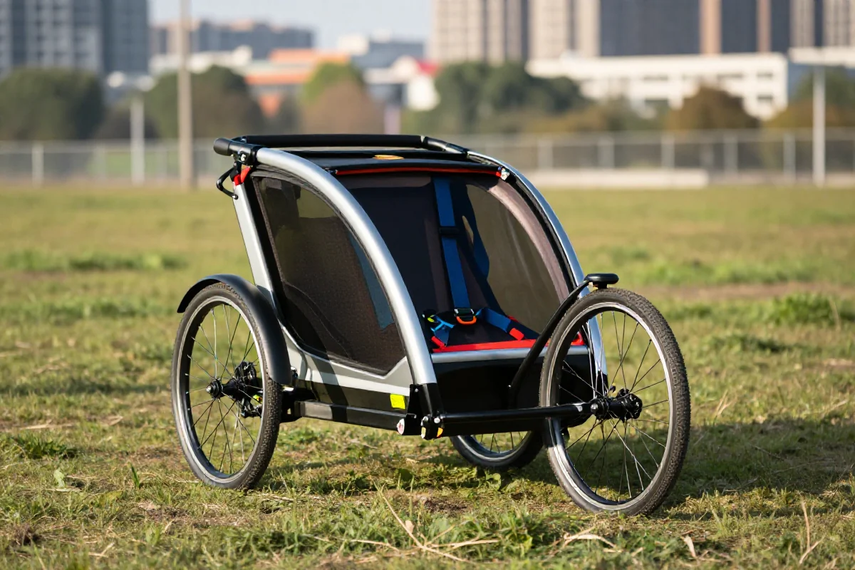 Jednoosobowa przyczepa rowerowa na trawie, idealna do przewozu dzieci.