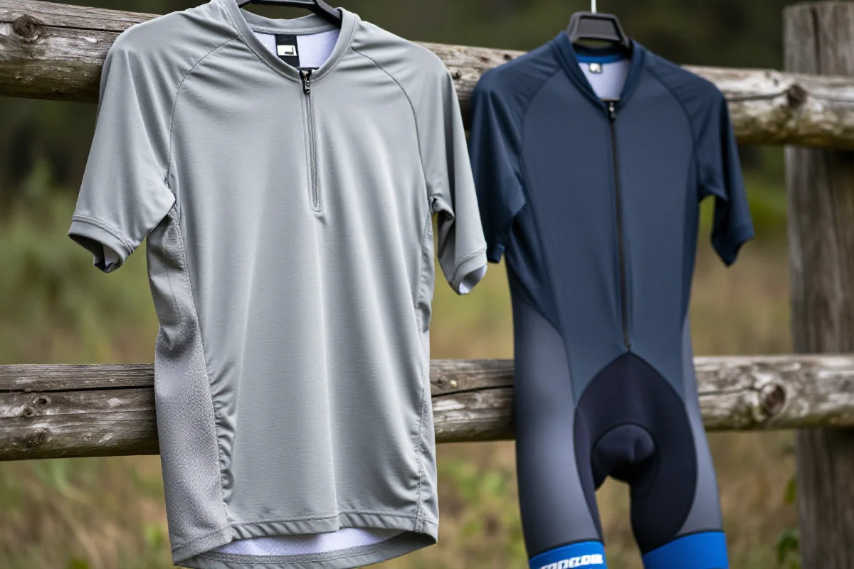 Koszulki MTB Loose Fit i Race Fit na drewnianym płocie w plenerze.