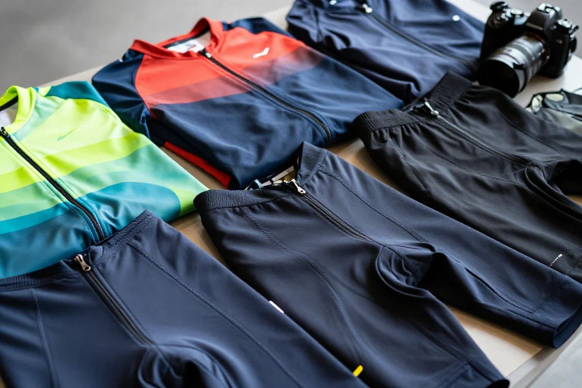 Zbliżenie na odzież kolarską, podkreślające szczegóły materiałów i rozmiarów.