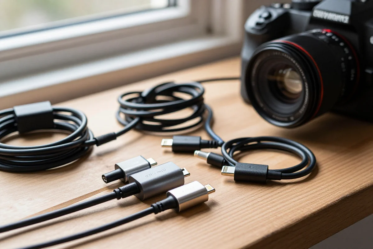 Organizacja kabli i adapterów do rowerów elektrycznych na drewnianym stole.