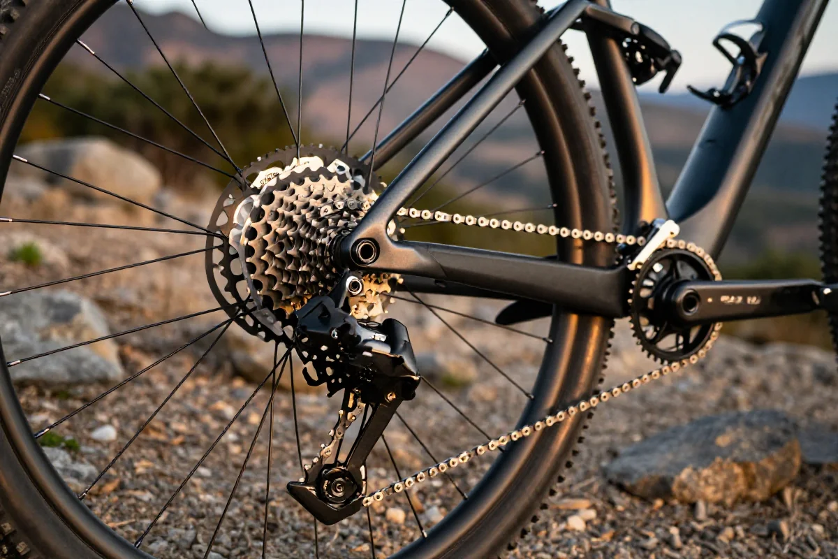 Nowoczesny napęd roweru górskiego 1x12 na szlaku górskim.