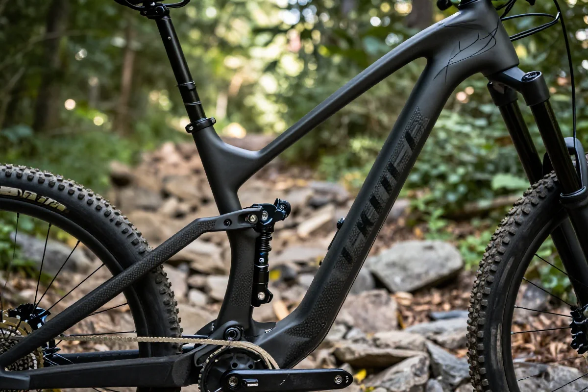 Zbliżenie na ramę roweru górskiego z włókna węglowego na szlaku.