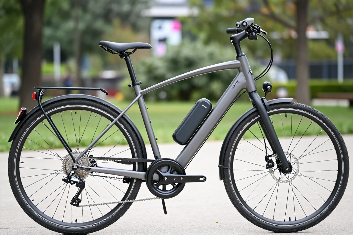 Nowoczesny rower elektryczny z widocznymi detalami technicznymi w parku.