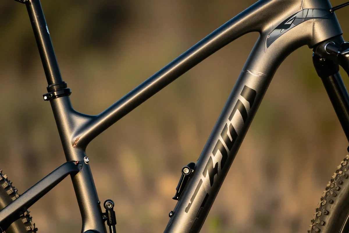 Bliska fotografia ramy roweru górskiego w naturalnym otoczeniu.