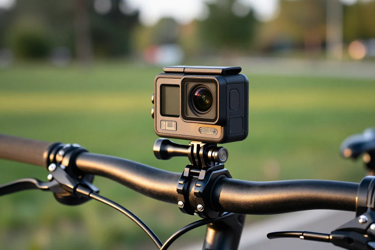 Akcja rowerowa z kamerą sportową na kierownicy, idealne do rejestracji jazdy.