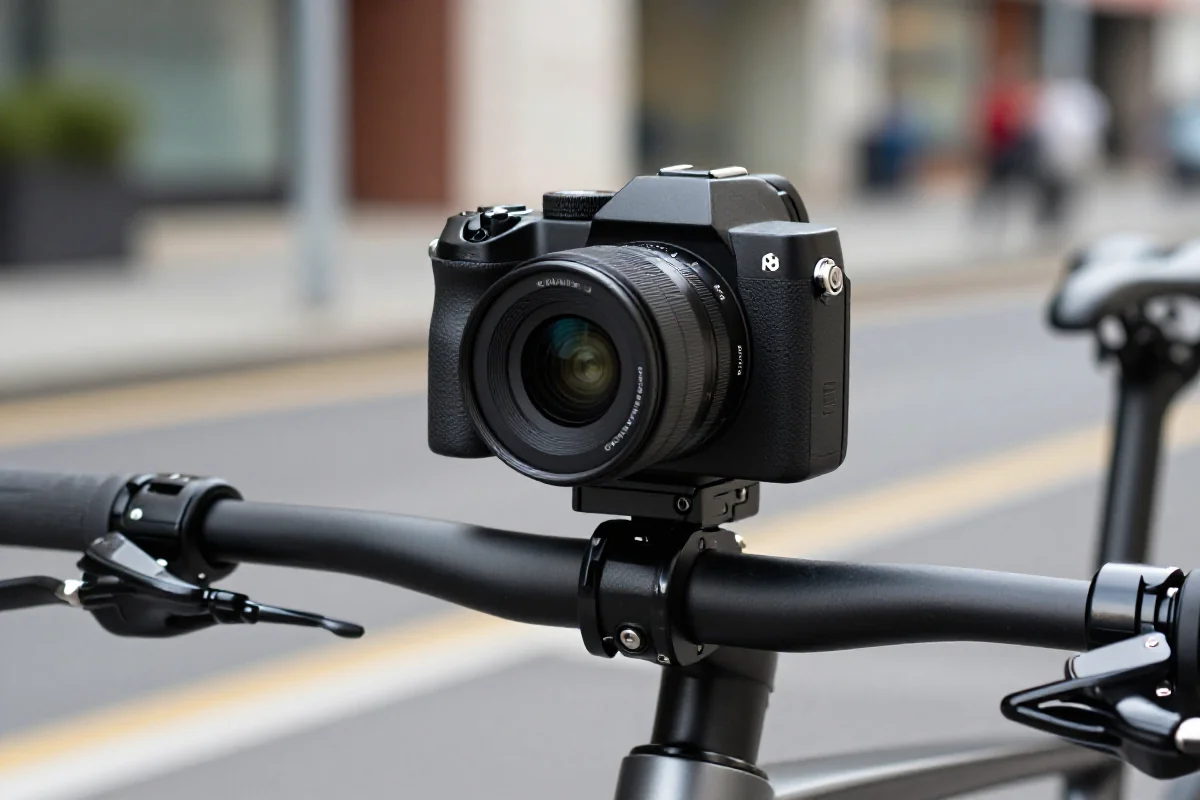 Nowoczesna kamera rowerowa zamontowana na kierownicy, idealna do rejestracji jazdy.