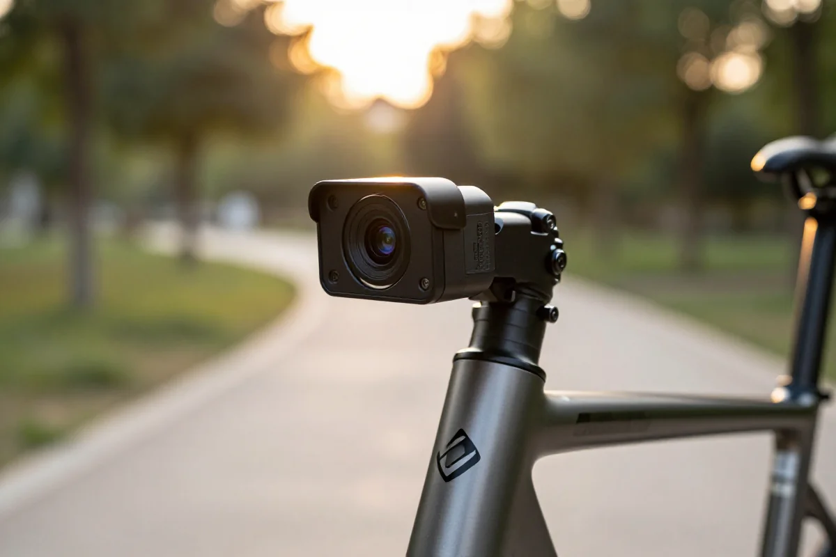 Kamera rowerowa montowana na ramie, zapewniająca bezpieczeństwo podczas jazdy.