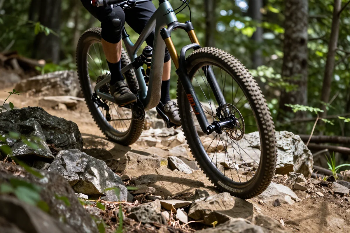 Rower górski na szlaku, pokonujący kamienistą nawierzchnię w lesie.