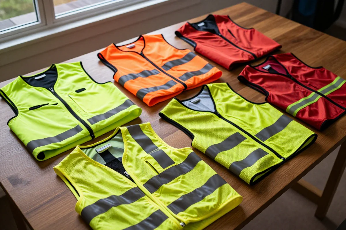 Różne kamizelki odblaskowe i ochronne dla rowerzystów na stole