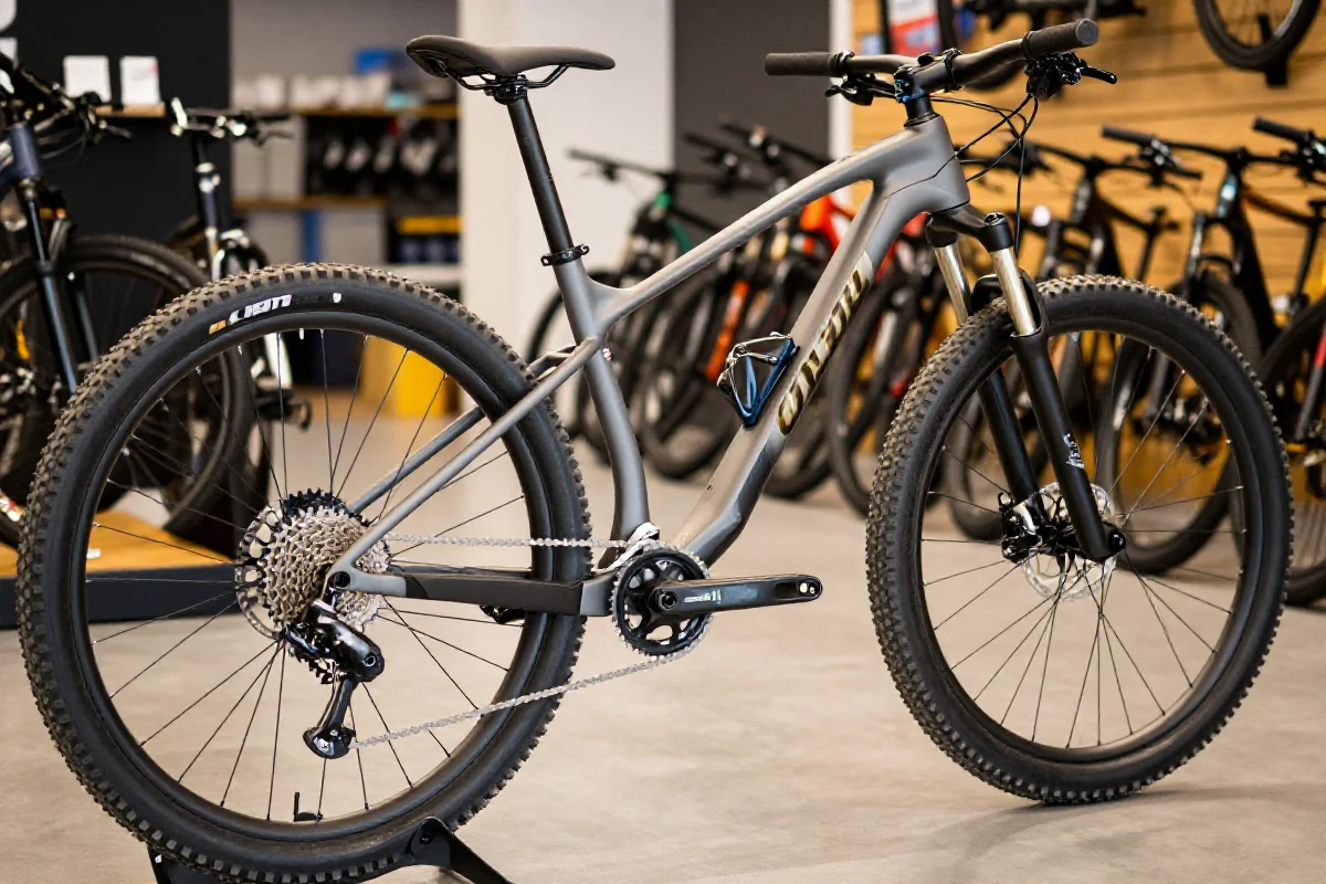 Wysokiej jakości rower górski w sklepie rowerowym, z detalami ramy i opon.