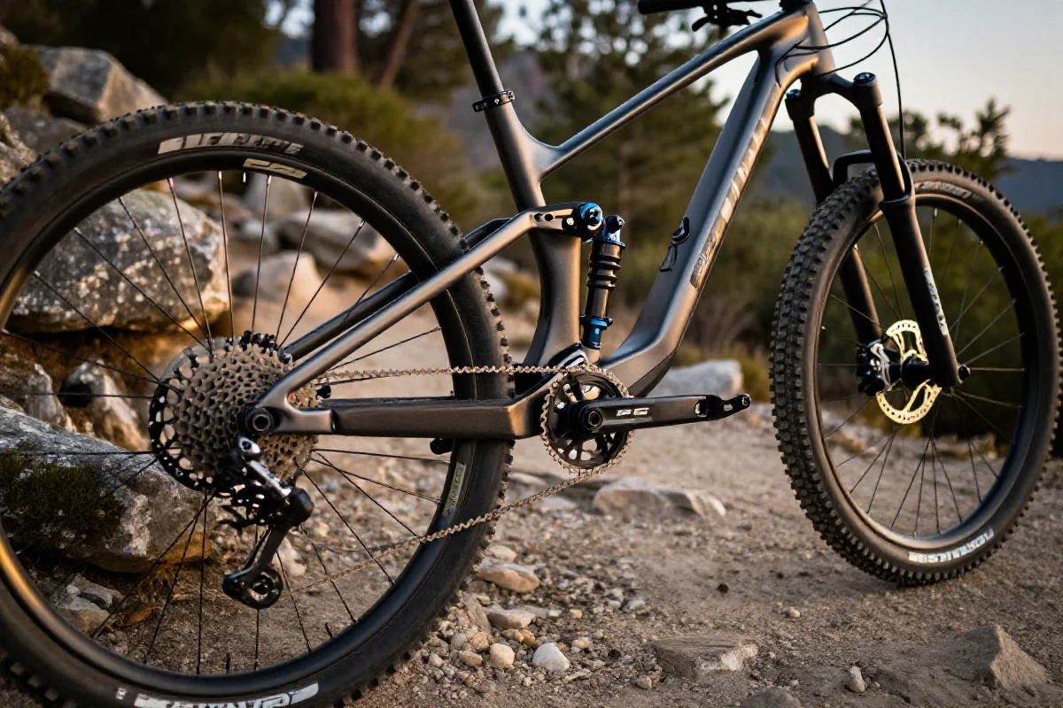 Zbliżenie na rower górski z detalami technicznymi na szlaku MTB.