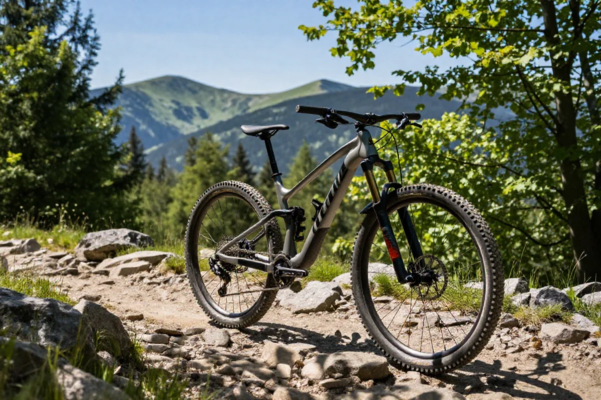 Rower górski na szlaku w Karkonoszach z pięknym widokiem.