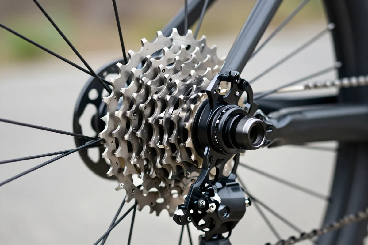Nowoczesna kaseta 11-biegowa na piastce tylnego koła roweru górskiego.