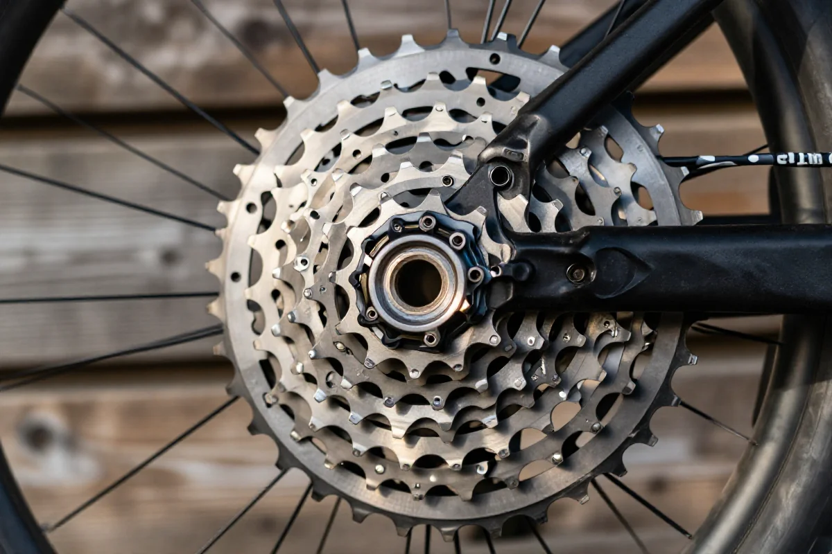 Zbliżenie na kasetę MTB, ukazując szczegóły zębów i konstrukcji.