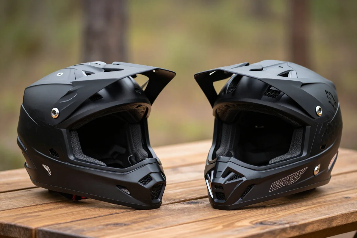 Porównanie kasków Full-Face: downhill i enduro convertible w plenerze.