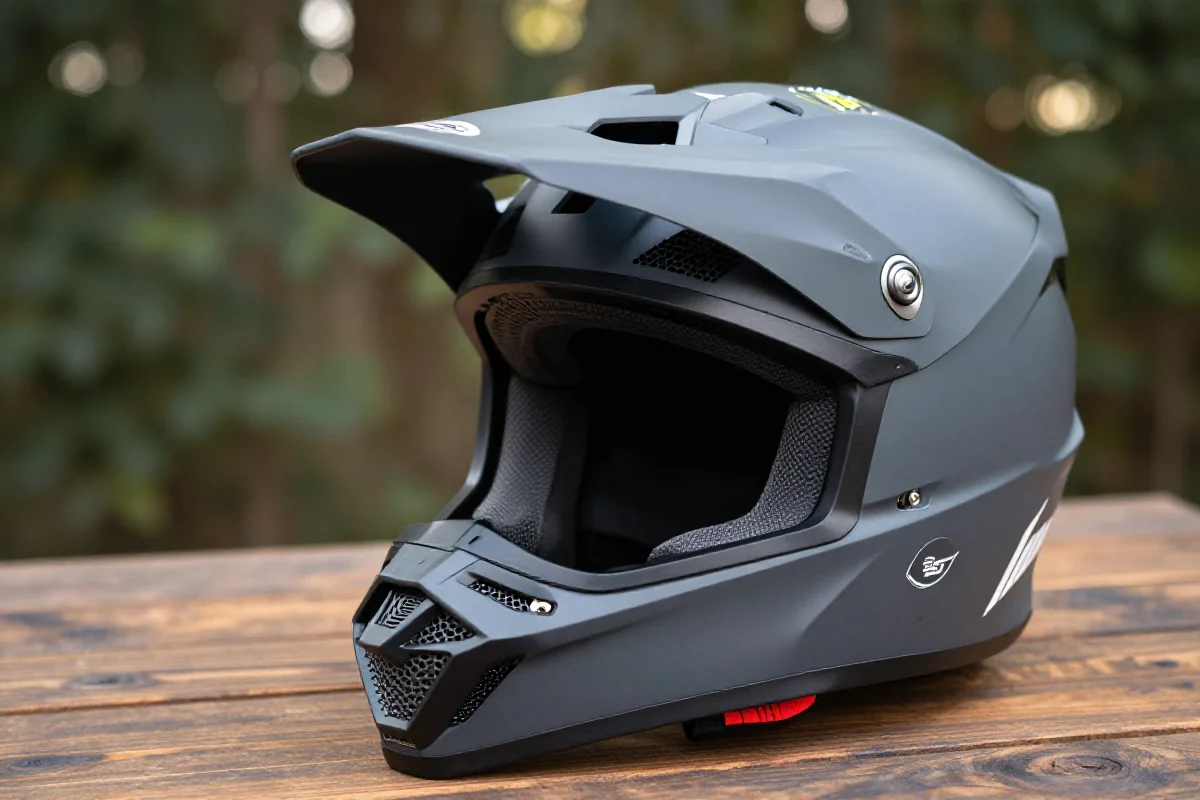 Kask enduro z odpinaną szczęką na drewnianym stole, podkreślający nowoczesny design.