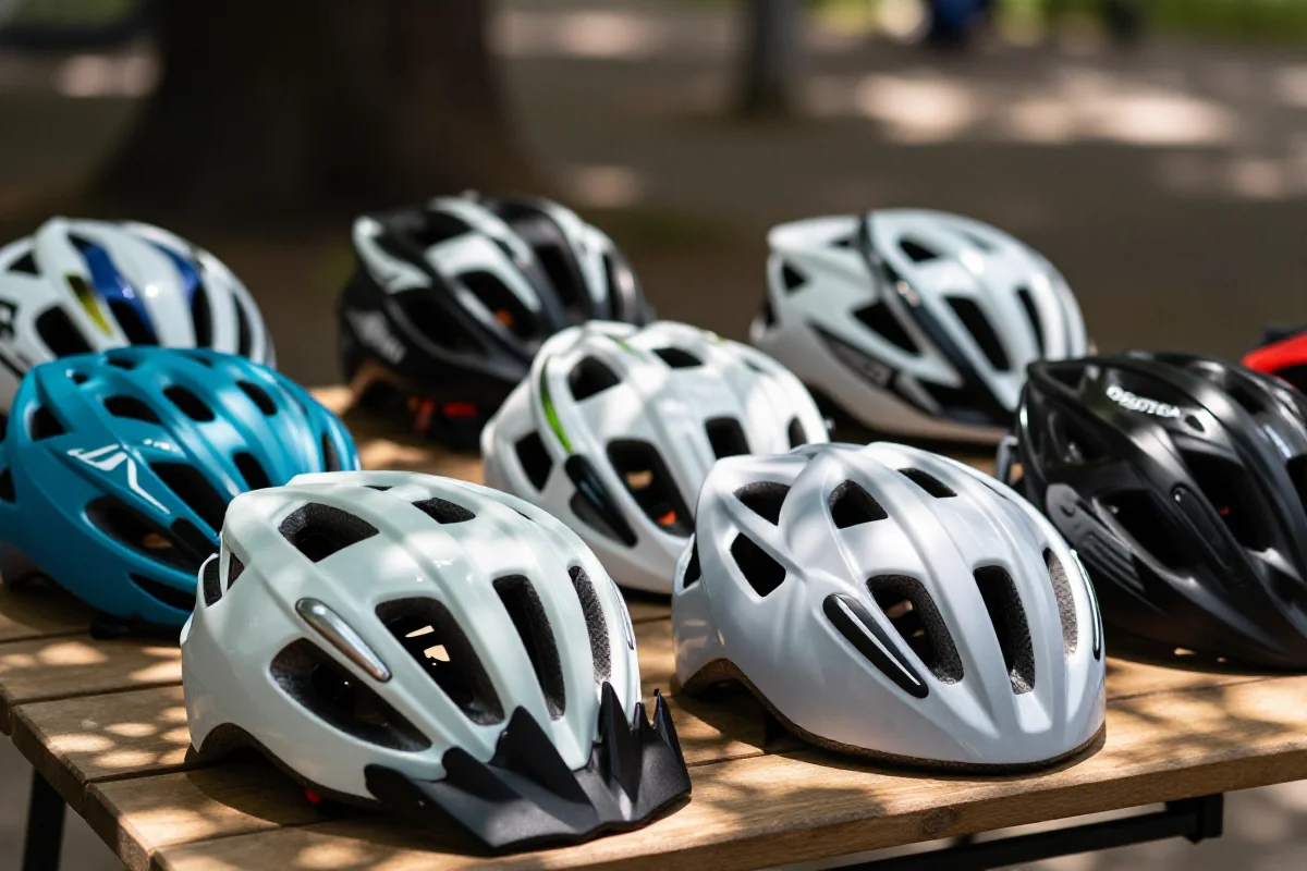 Zbliżenie na różnorodne kaski rowerowe w naturalnym otoczeniu