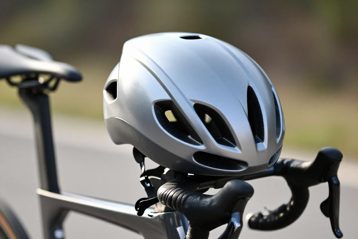 Aerodynamic kask rowerowy na rowerze szosowym w naturalnym świetle.