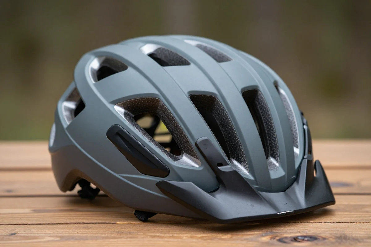 Kask all-mountain na stole, ukazujący elementy wentylacji i regulacji.