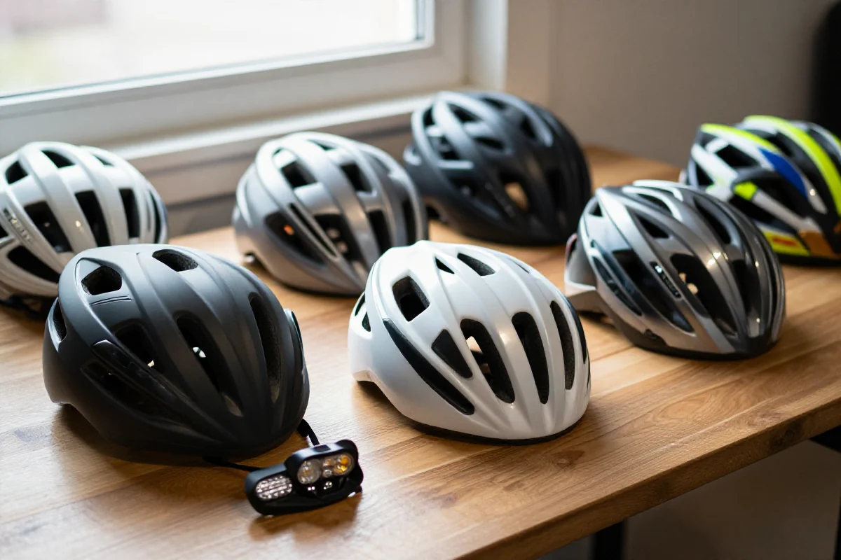 Różne kaski miejskie do e-bike'ów na stole, podkreślające ich funkcjonalność i design.