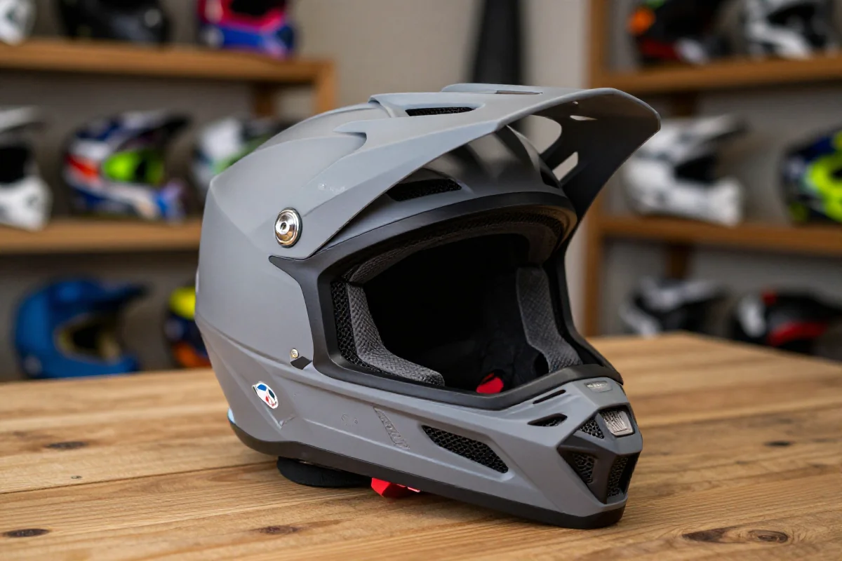 Kask full-face do wyścigów enduro na stole roboczym, z detalami ochrony.