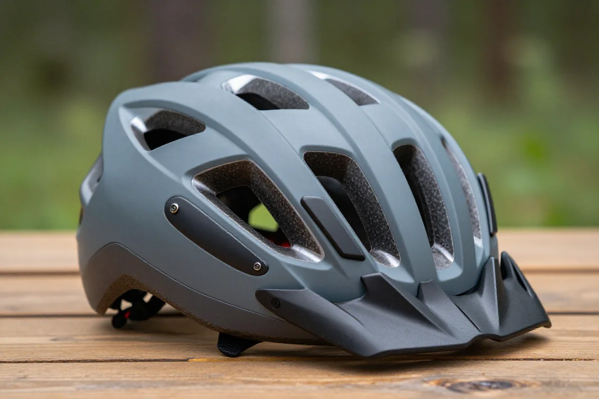 Kask half-shell MTB na drewnianej powierzchni, idealny do jazdy trailowej i XC.
