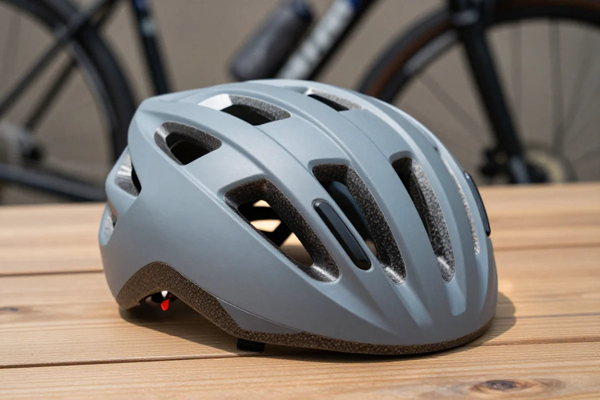 Kask MTB half-shell na drewnianej powierzchni, idealny do jazdy trailowej.