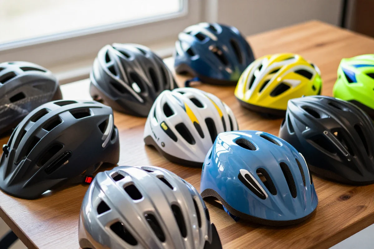Różne kaski rowerowe dla dzieci na stole, ważne dla bezpieczeństwa podczas jazdy.
