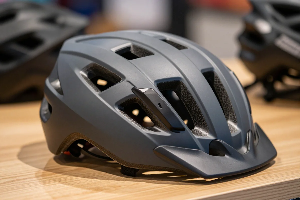 Kask rowerowy MTB na drewnianej powierzchni, podkreślający jego cechy ochronne.