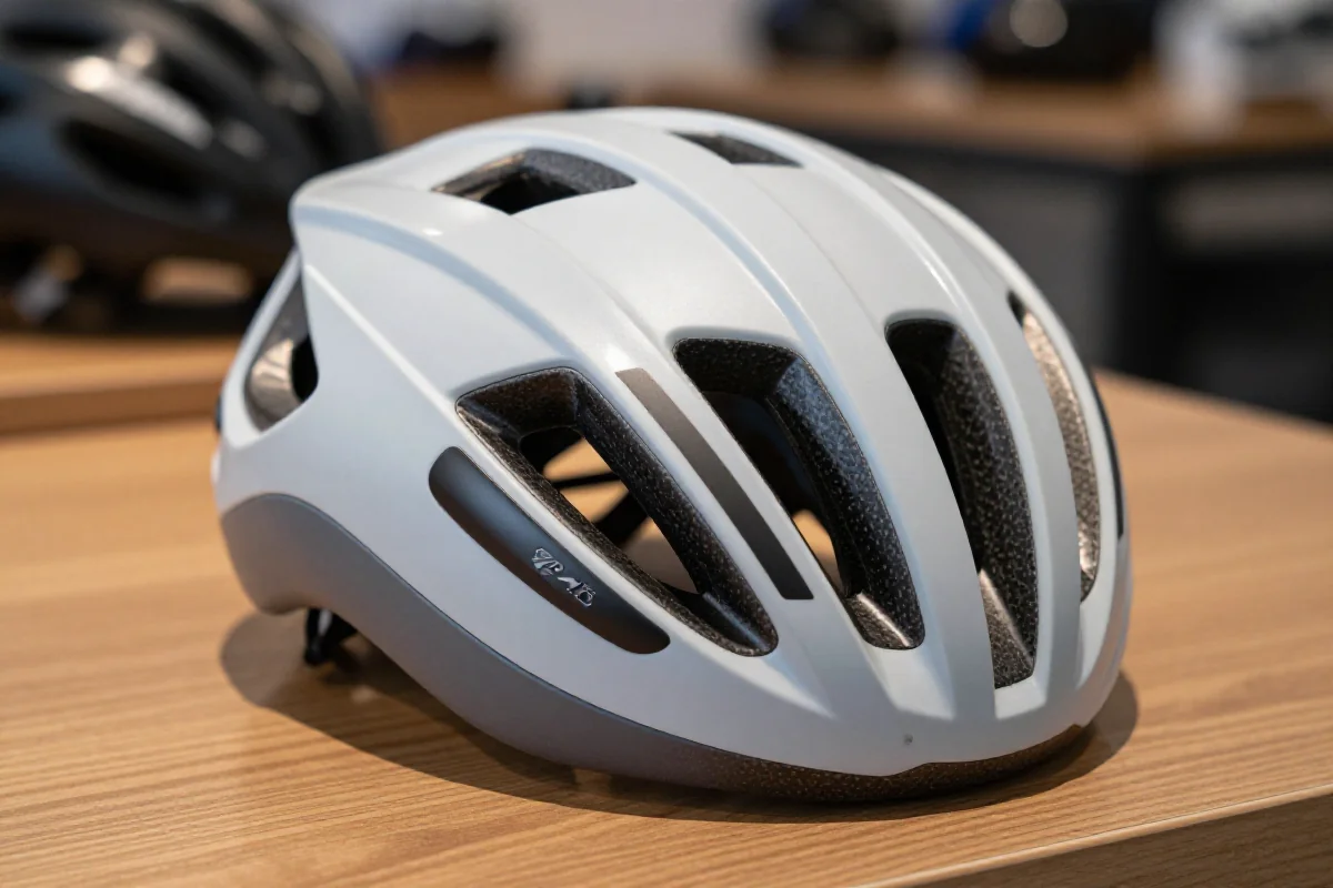 Nowoczesny kask rowerowy na stole, z technologią ochrony i wentylacji.