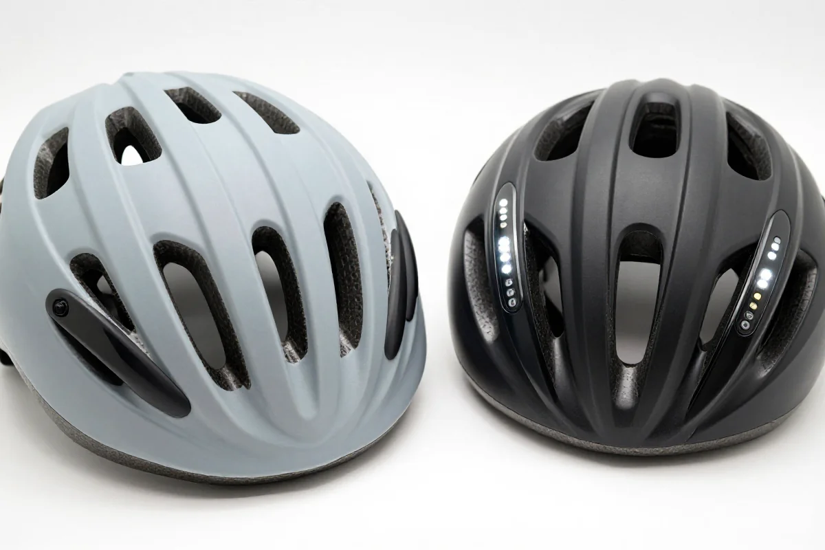 Porównanie tradycyjnego i inteligentnego kasku rowerowego na białym tle