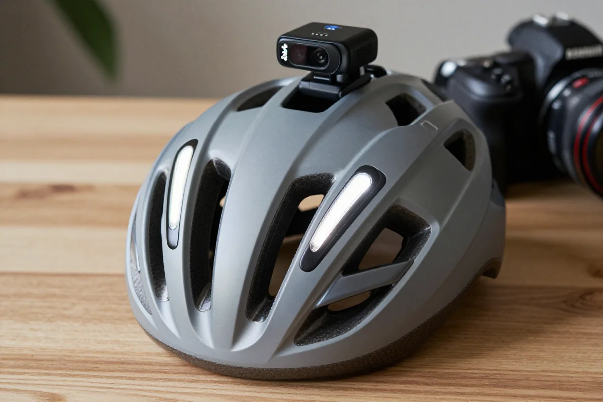 Nowoczesny kask rowerowy z funkcjami oświetlenia i kamery.