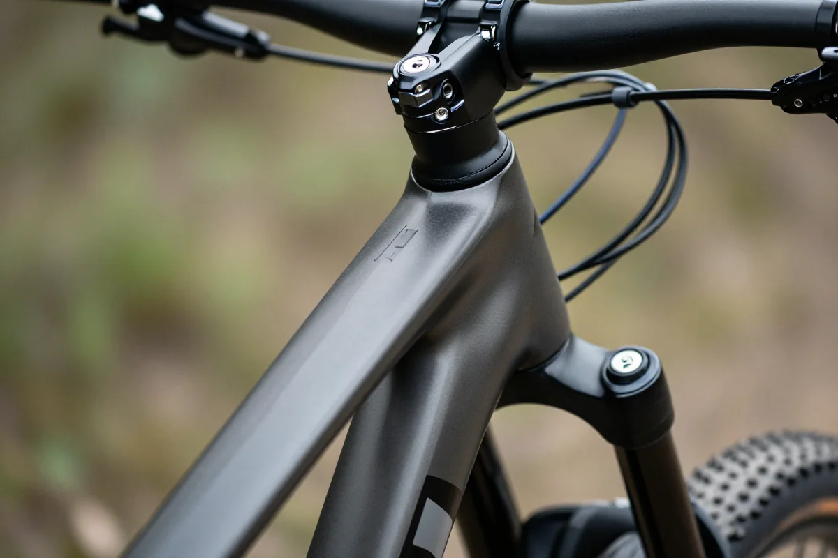 Szczegóły mostka rowerowego MTB z kątem nachylenia w naturalnym otoczeniu.