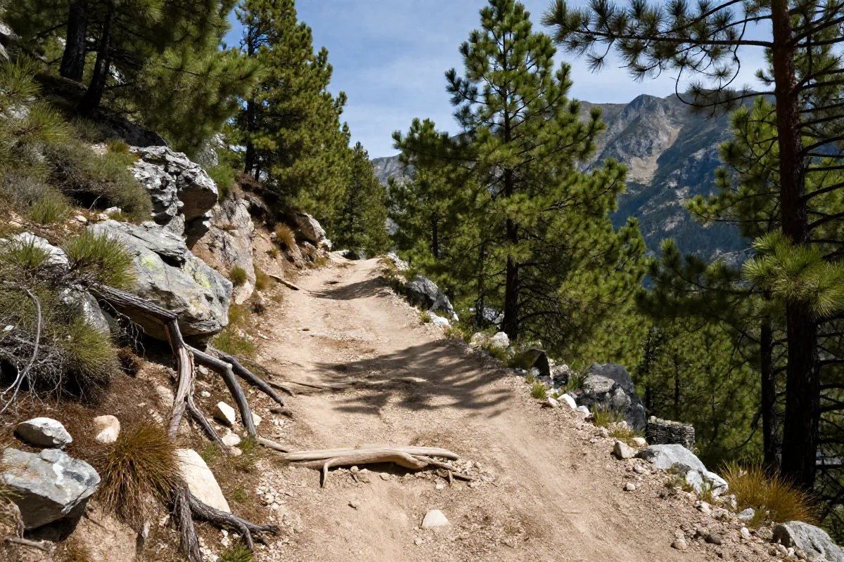 Malownicza trasa MTB w Katalonii z górzystym terenem i naturalnymi przeszkodami.