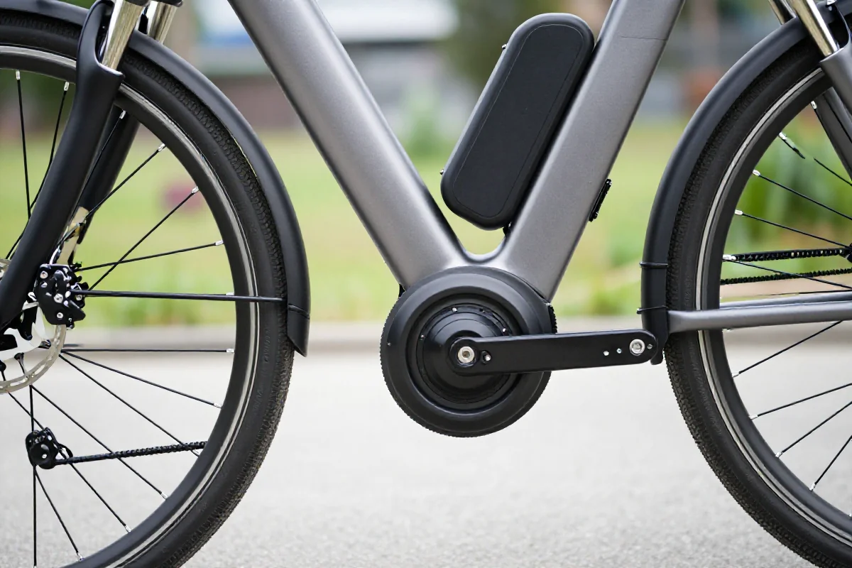 Szczegóły roweru elektrycznego z systemem wspomagania pedałowania.