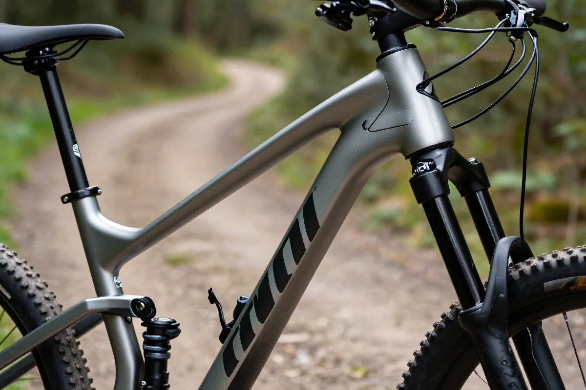 Geometria ramy roweru górskiego z kątami head angle i seat angle.