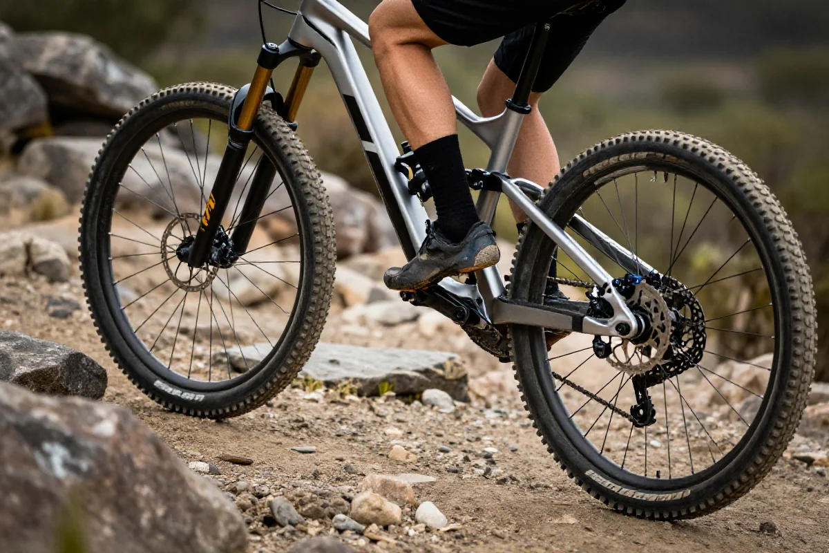 Zbliżenie na rower górski w terenie, pokazujące szczegóły ramy i zawieszenia.