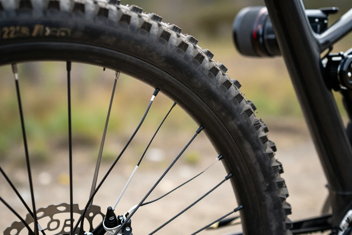 Nowoczesna dętka i opona rowerowa w terenie górskim.