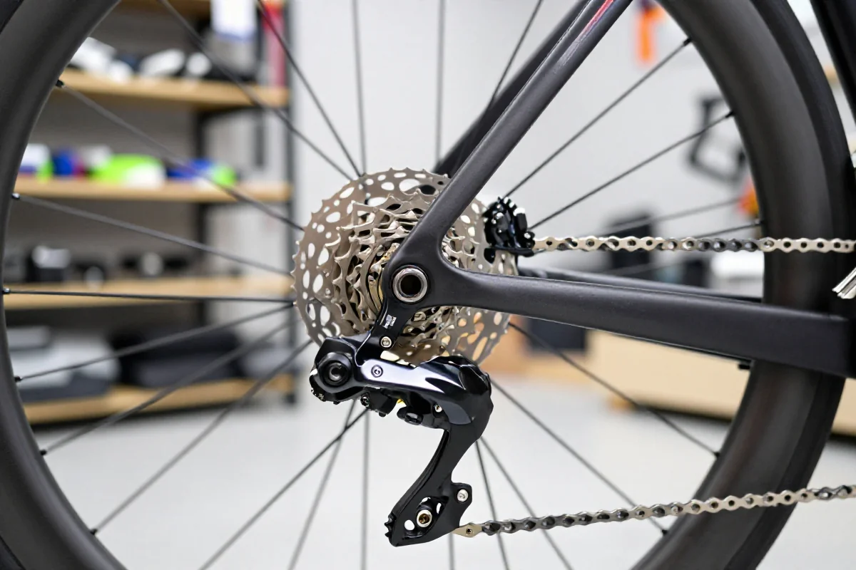 Szczegóły nowoczesnego roweru szosowego w warsztacie rowerowym.