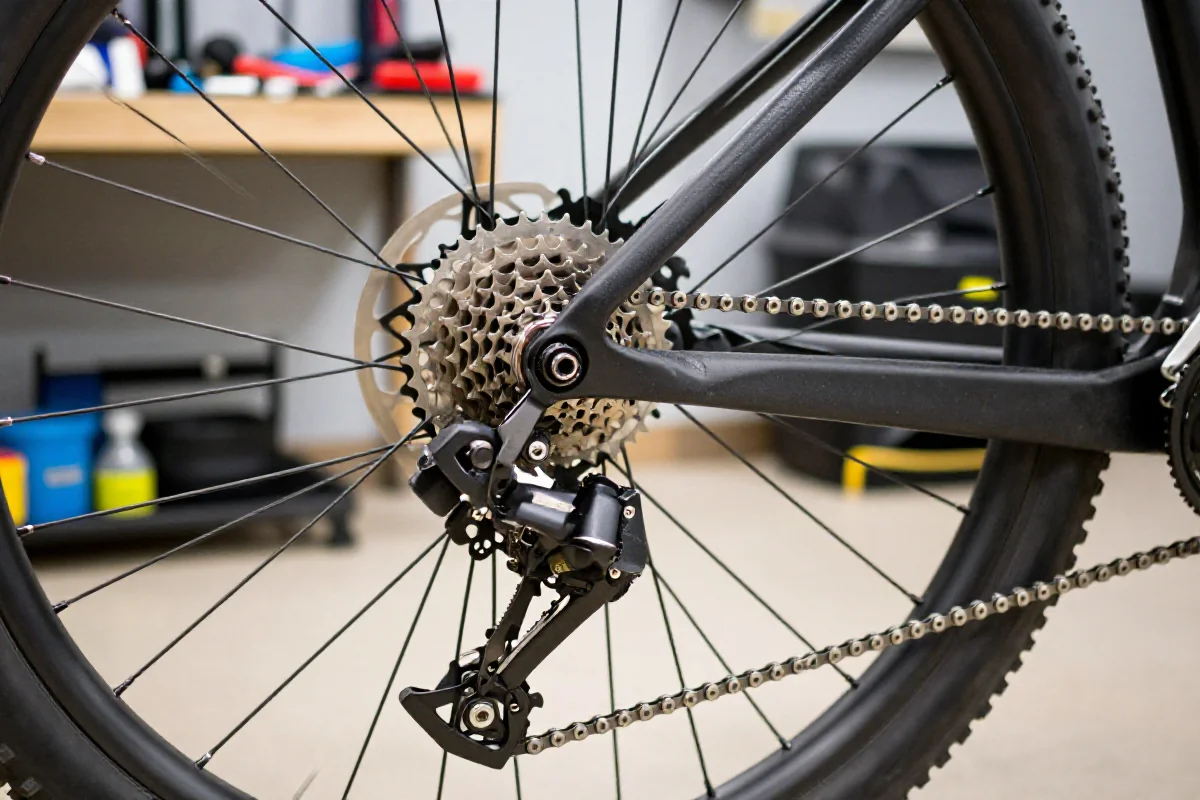 Szczegóły napędu roweru górskiego w warsztacie, ukazujące zębatki i łańcuch.