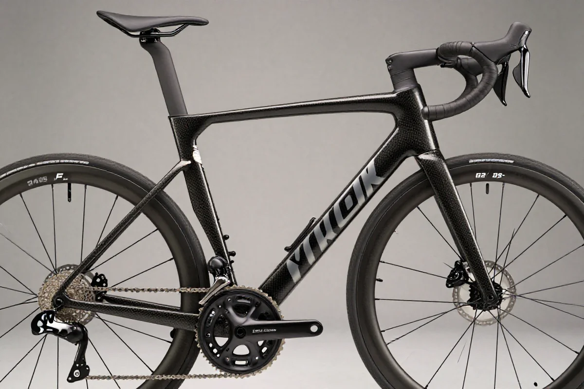 Zaawansowany rower szosowy z detalami ramy i nowoczesnymi komponentami