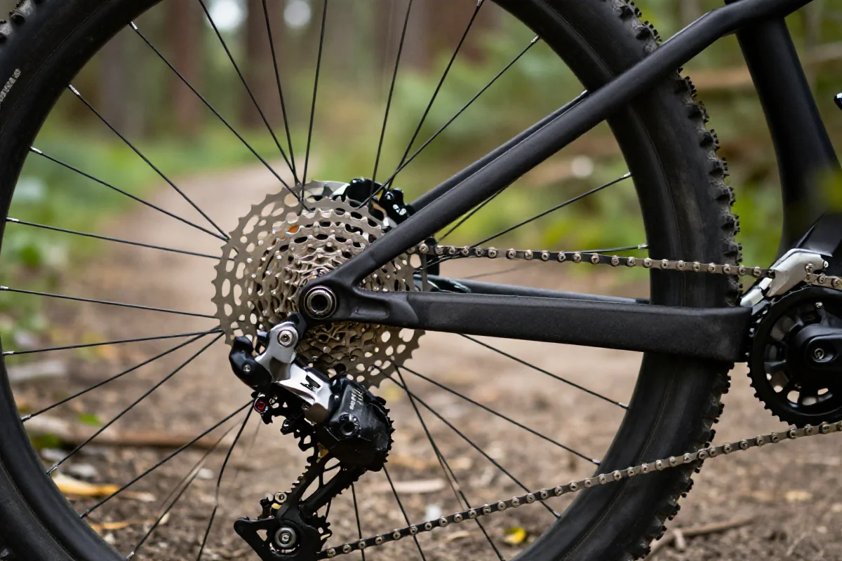 Zbliżenie na tylne zawieszenie i napęd roweru górskiego