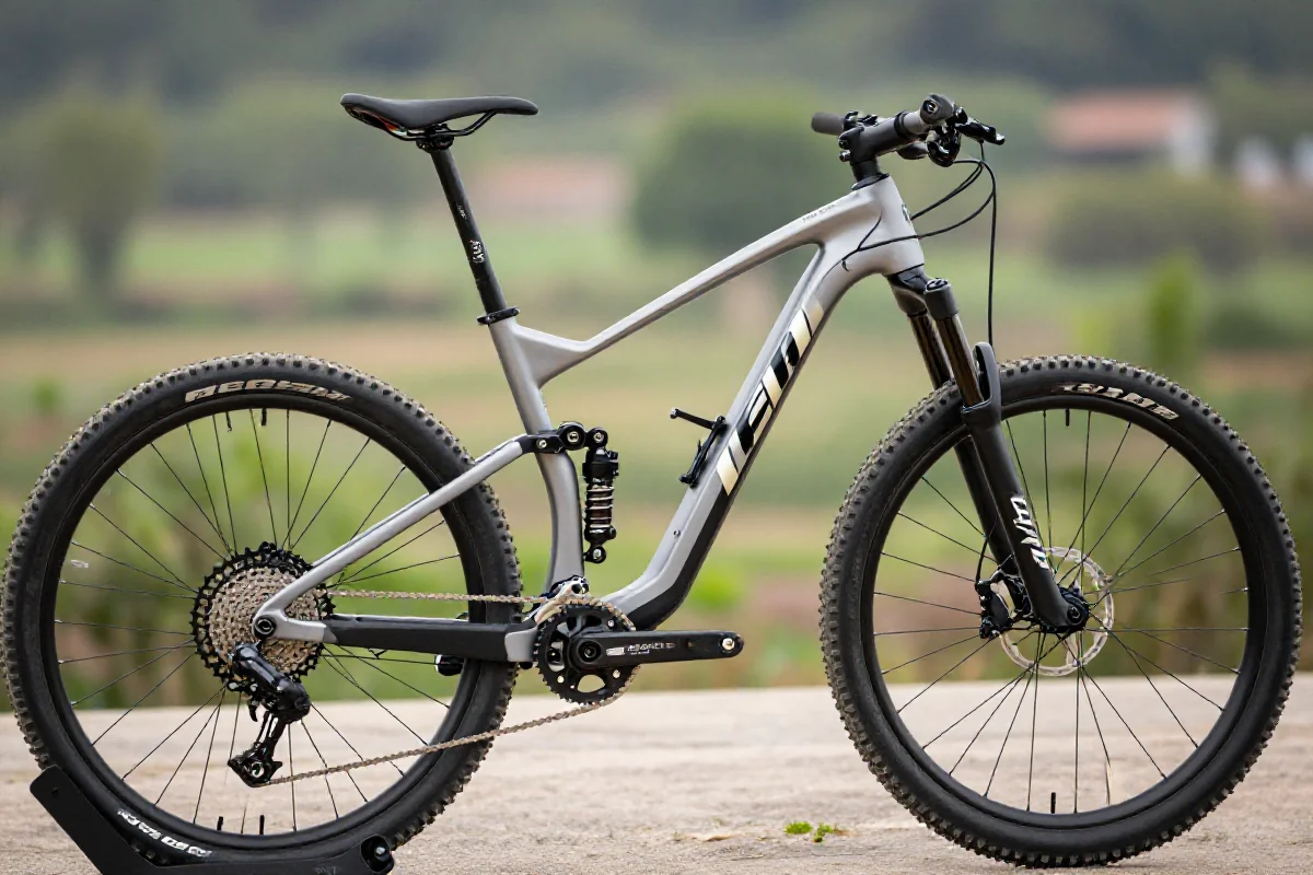 Zbliżenie na ramę roweru górskiego w naturalnym otoczeniu