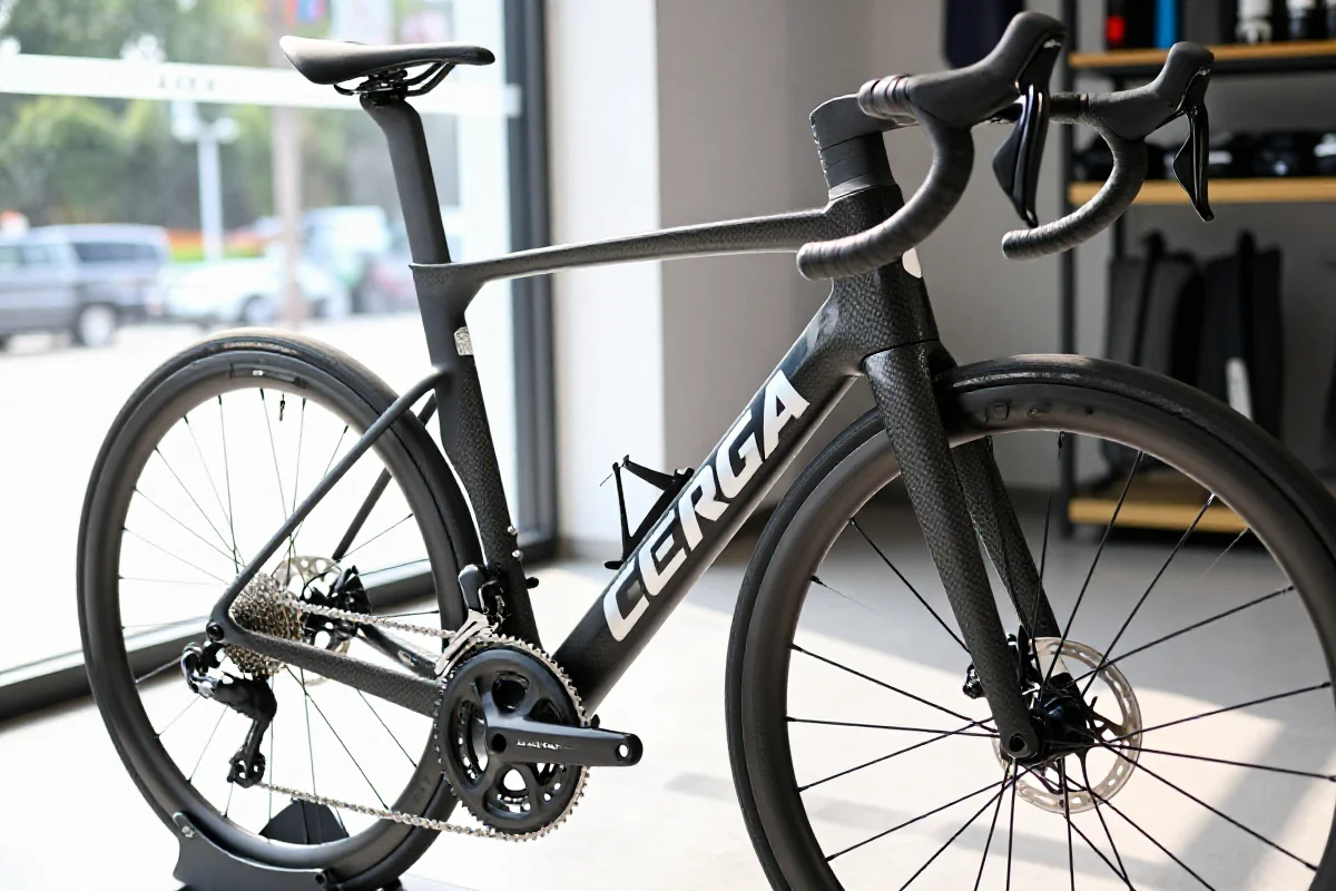 Szczegółowy widok na ramę roweru szosowego z włókna węglowego.