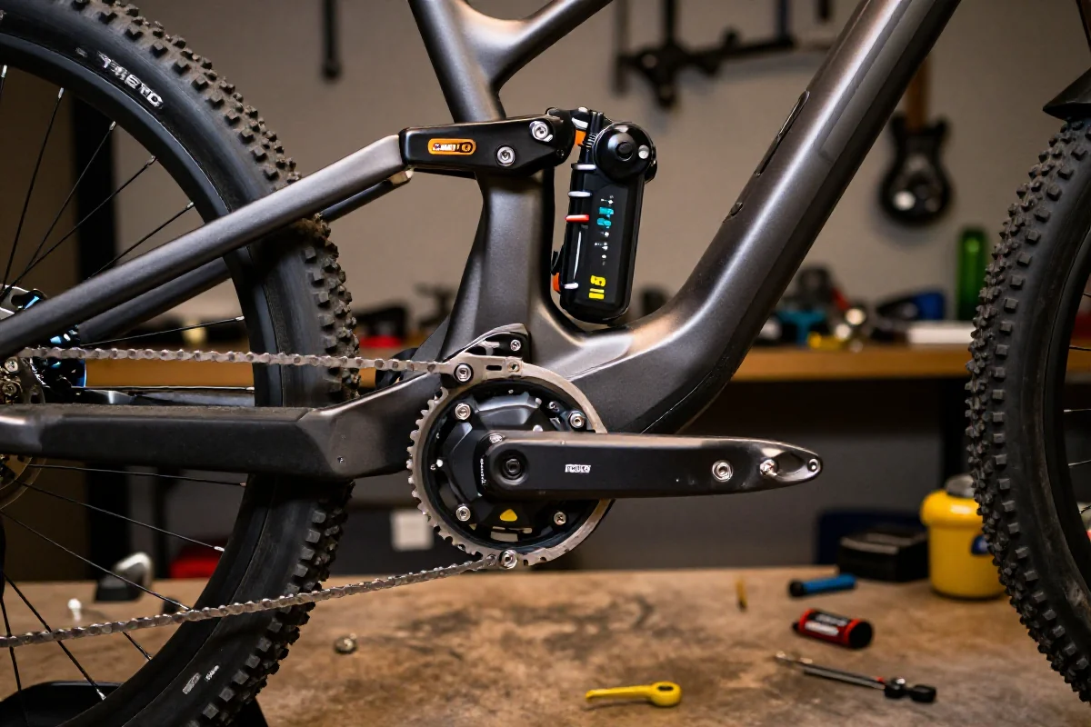 Złożony system napędu elektrycznego roweru górskiego na stole warsztatowym