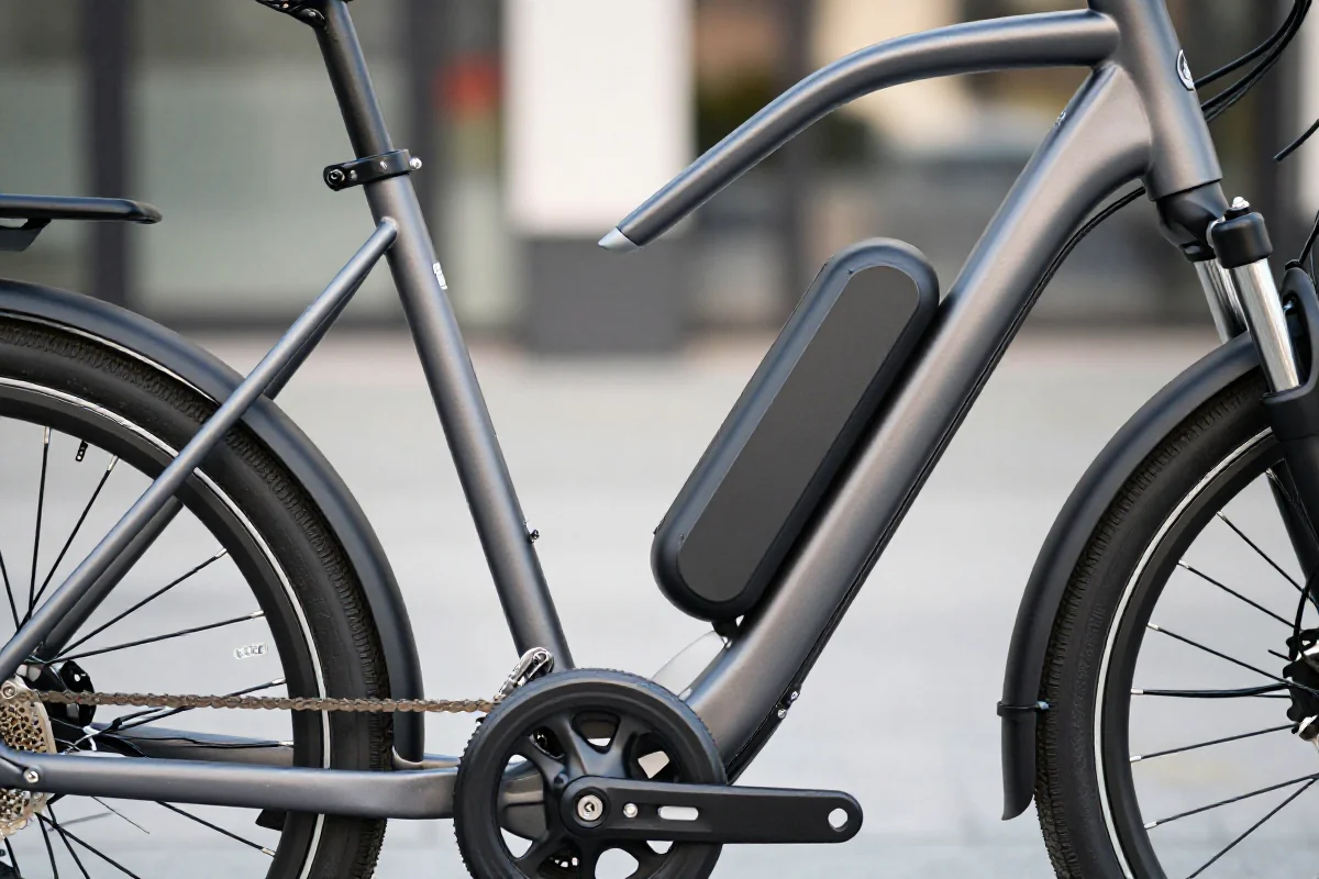 Szczegóły ramy roweru elektrycznego z widocznymi komponentami.