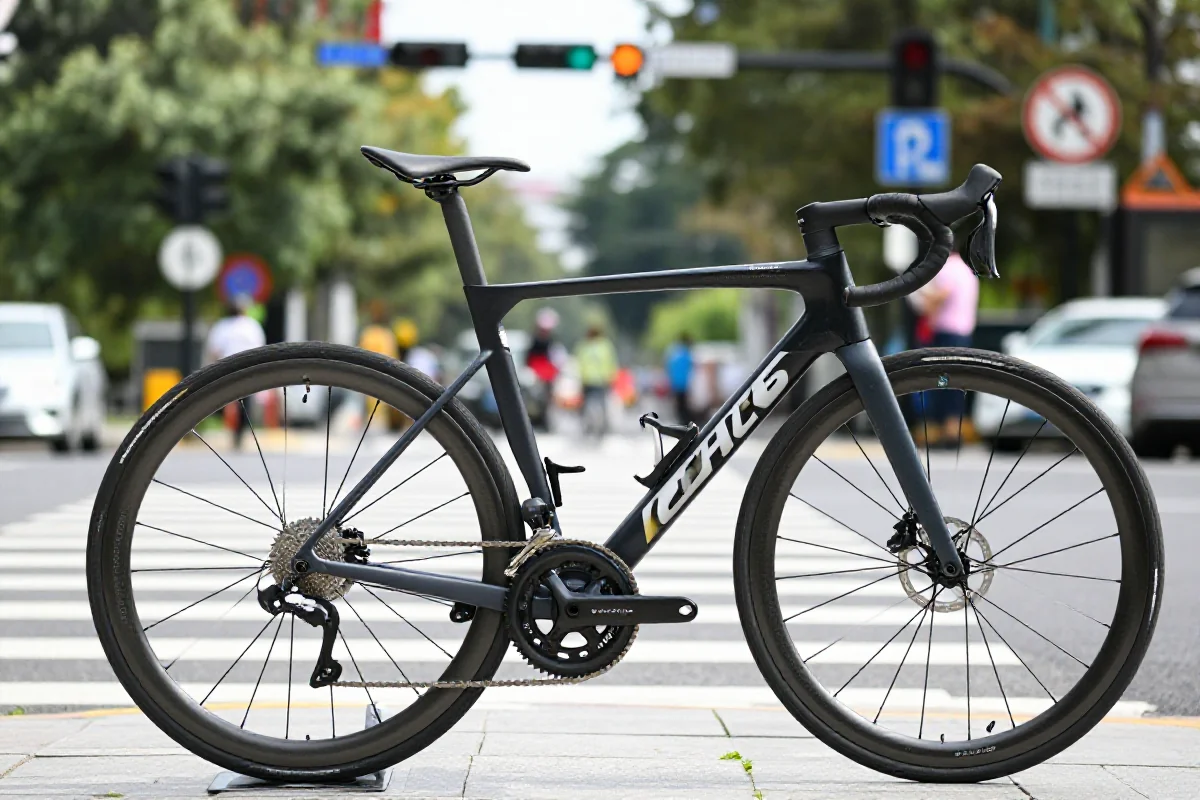 Rower szosowy przy skrzyżowaniu, podkreślający zasady pierwszeństwa rowerzystów.