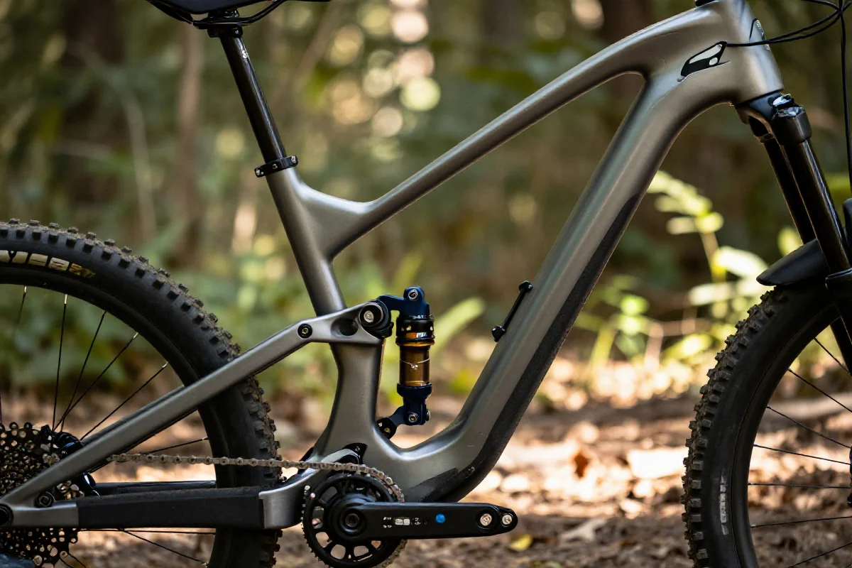 Rama roweru górskiego w lesie, szczegóły techniczne oraz geometrii.