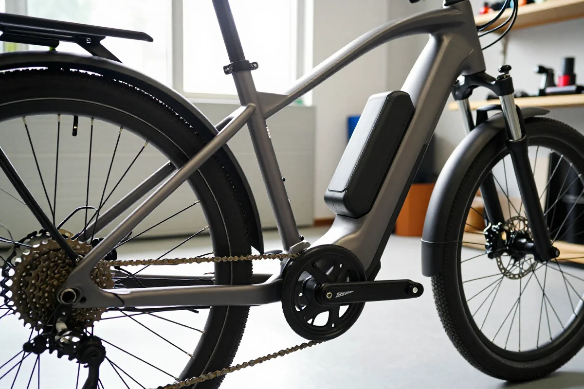 Szczegółowy widok komponentów roweru elektrycznego w warsztacie.