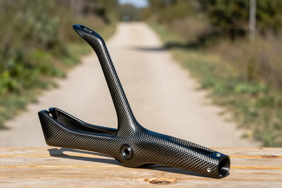 Sztywna sztyca rowerowa z włókna węglowego na tle ścieżki rowerowej.